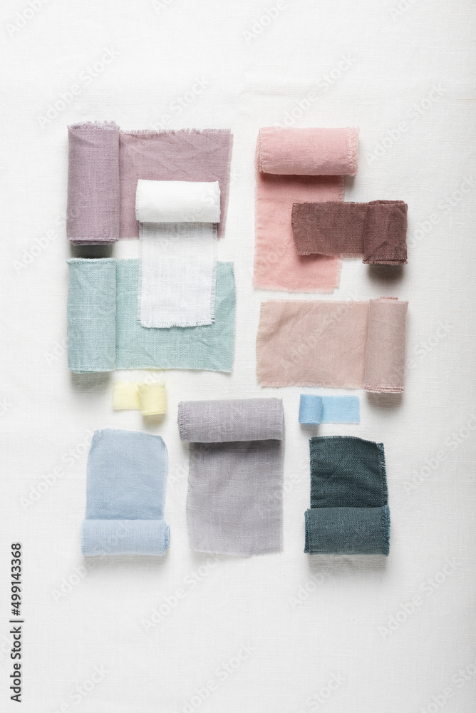 Obraz premium Different colors fabric samples on the white table