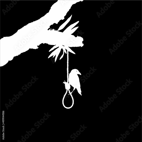 Gallows (Hanging Rope) on the Tree and Crow. Dramatic, Creepy, Horror, Scary, Mystery, or Spooky Illustration. Illustration for Horror Movie or Halloween Poster Element. Vector Illustration