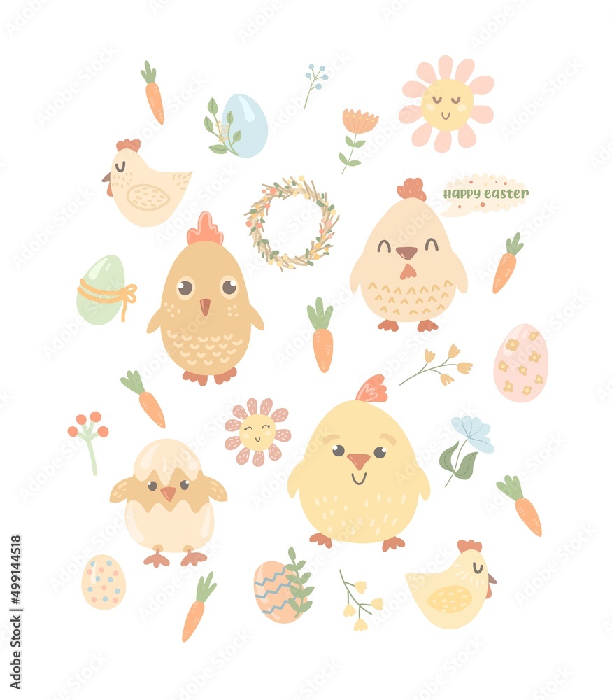 Easter set. Cute hand drawn chickens. Easter eggs illustration. Easter decor Easter set. Cute hand drawn chickens. Easter eggs illustration. Easter decor