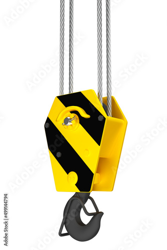 Black and yellow crane hook hanging on steel ropes 3d render