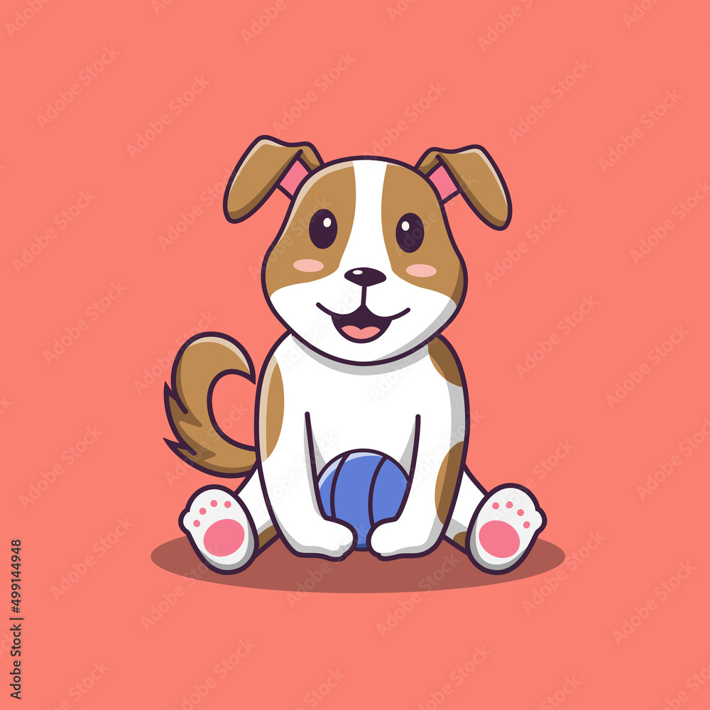 Fototapeta premium Cute dog cartoon sitting holding ball, vector cartoon illustration, cartoon clipart