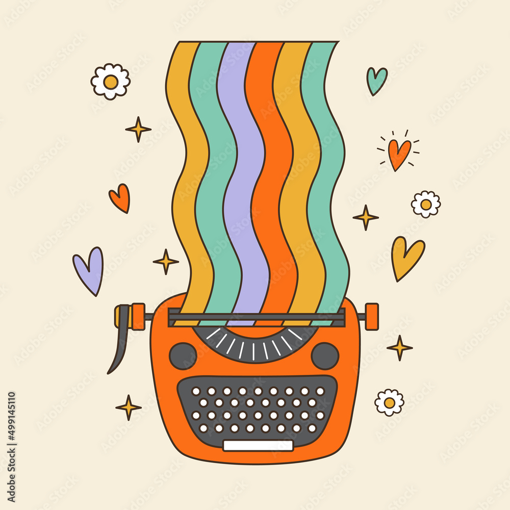 Groovy typewriter with rainbow. 70s, 80s, 90s vibes funky sticker. Retro writer equipment illustration. Vintage nostalgia element for card, poster design and print