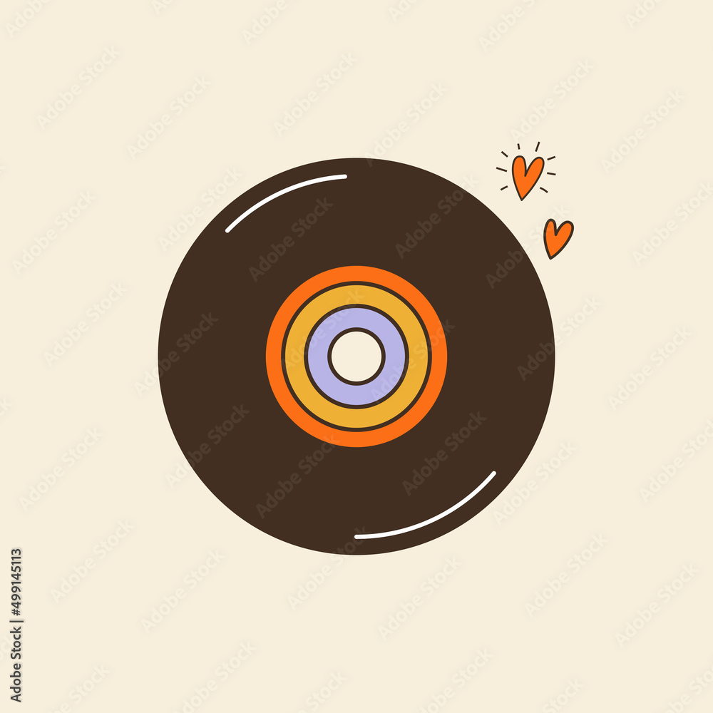 Vinyl record in groovy style. 60s, 70s, 80s, vibes funky sticker. Retro music equipment illustration. Vintage nostalgia element for card, poster design and print Vinyl record in groovy style. 60s, 70s, 80s, vibes funky sticker. Retro music equipment illustration. Vintage nostalgia element for card, poster design and print