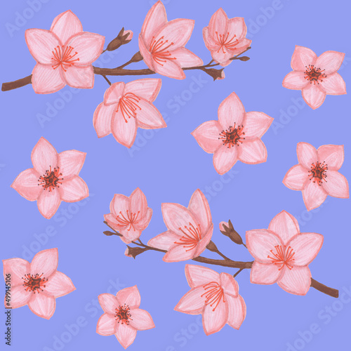 Beautiful spring pink flowers on a branch hand drawn for background
