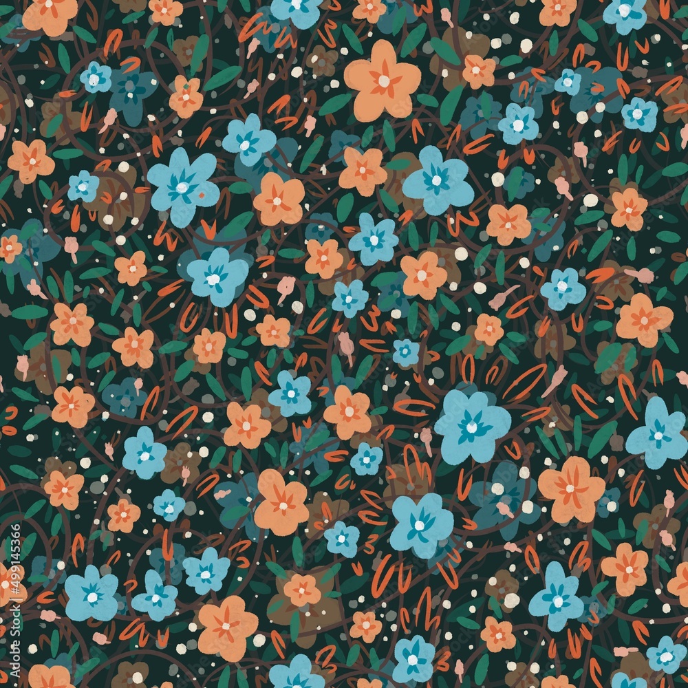 Blooming midsummer meadow seamless pattern. Plant background for fashion, wallpapers, print. Liberty style millefleurs.