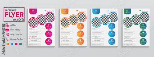 Simple 4 colors flyer design set for publication marketing advertising eCommerce. This editable a4 minimal flyer template can be customizable with 3 images inserted,  can be used for product promotion