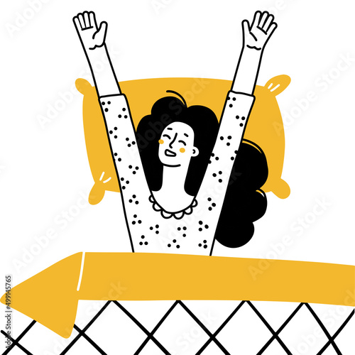 Woman wake up in the morning and stretching. The girl wakes up lying on her bed and smiles. Top view composition. Hand drawn doodle line style vector illustrations. Black and yellow on white