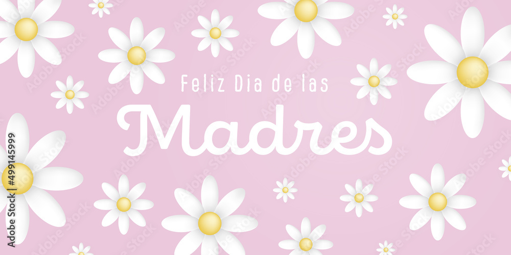 Spanish text : Feliz dia de las madres, with many white flowers on a pink background
