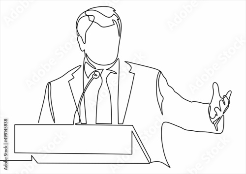 Business conference, business meeting. Man at rostrum in front of audience. Public speaker giving a talk at conference hall- continuous line drawing 