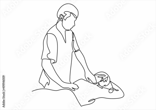 Relaxed woman getting back massage in spa with professional massage therapist. Wellness, healing and relaxation concept.Continuous one line