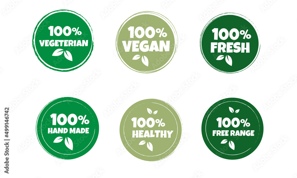 Set of organic products sticker, label, badge and logo. 100% PREMIUM QUALITY.100% VEGETERIAN, 100% FRESH, 100% HEALTHY. Logo template for organic and eco products.