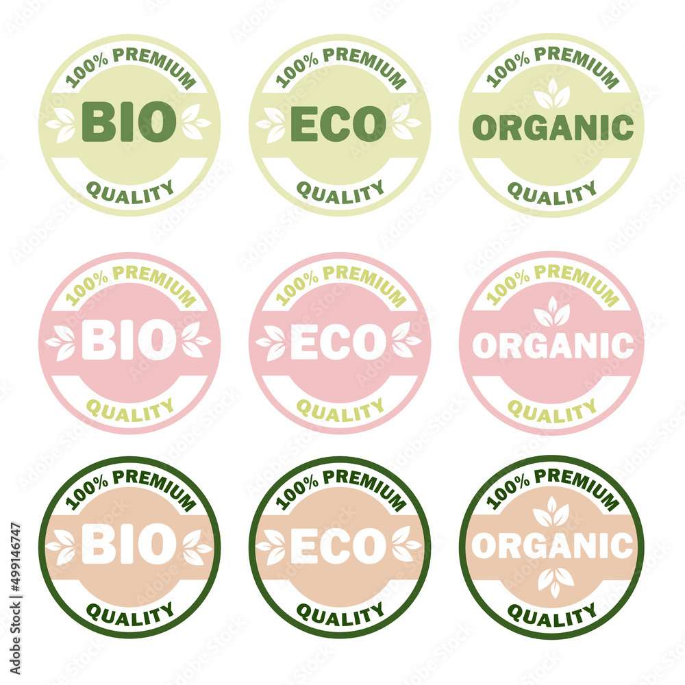 Set of Eco, Bio, Organic products sticker, label, badge and logo. 100% PREMIUM QUALITY. Eco-friendly badge. Logo template for organic and eco friendly products.