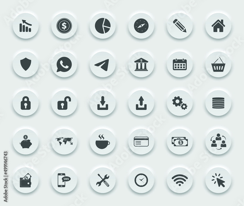 3d icon set for web, business icons, minimalistic icons, Black White Modern Round 3D Icons Vector Set.