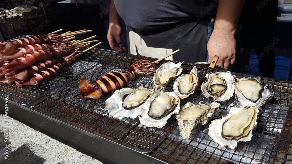 Street-grilled seafood at a Japanese festival