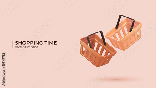 3d realistic plastic shopping cart. Empty shopping baskets on pink background in cartoon minimal style. Vector illustration