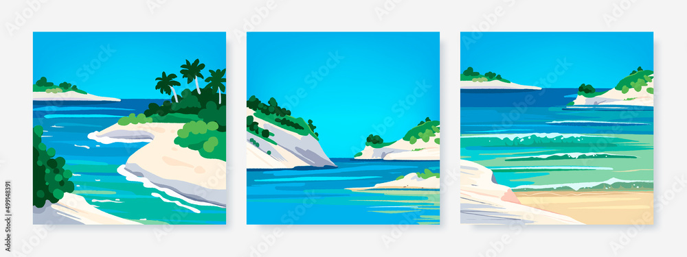 Set of vector landscape background. Beautiful illustration of sandy summer beach. Summer holidays poster or banner design template