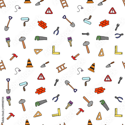 Colored construction build icons pattern. seamless doodle pattern with tools for construction. vector illustration on the theme of construction on white background
