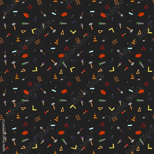 Colored construction build icons pattern. seamless doodle pattern with tools for construction. vector illustration on the theme of construction on dark background