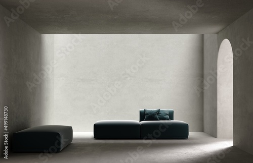 Fototapeta Naklejka Na Ścianę i Meble -  3d rendering of an empty concrete room with an entrance archway and a large soft sofa, empty space for product presentation.