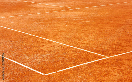 Clay tennis court. Surface outside back and side lines. Diagonal View. © Denis Shitikoff