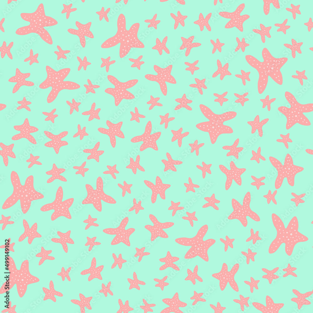 Pattern with starfish on a green background.