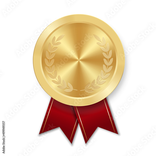 Golden award sport medal for winners with red ribbon