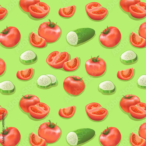 Fototapeta Naklejka Na Ścianę i Meble -  The pattern is seamless. Ripe tomatoes and cucumbers and slices of tomatoes and cucumbers on a green background in vector. Vegetables, fruits and vitamins. Healthy and proper nutrition. Label.