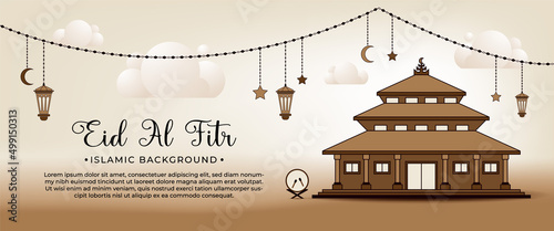 Flat Islamic background vector design with mosque and lantern lamp for eid mubarak