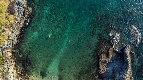 Top view of canoe. people boating in the sea.