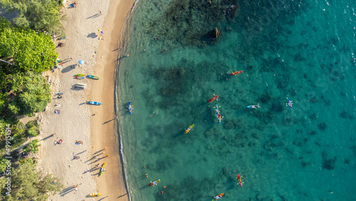 Top view of canoe. people boating in the sea.