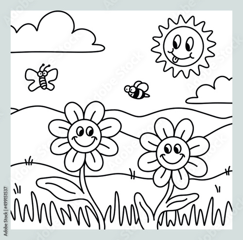 Coloring Page Hand Drawn Cute Landscape Kids Drawing Vector Illustration