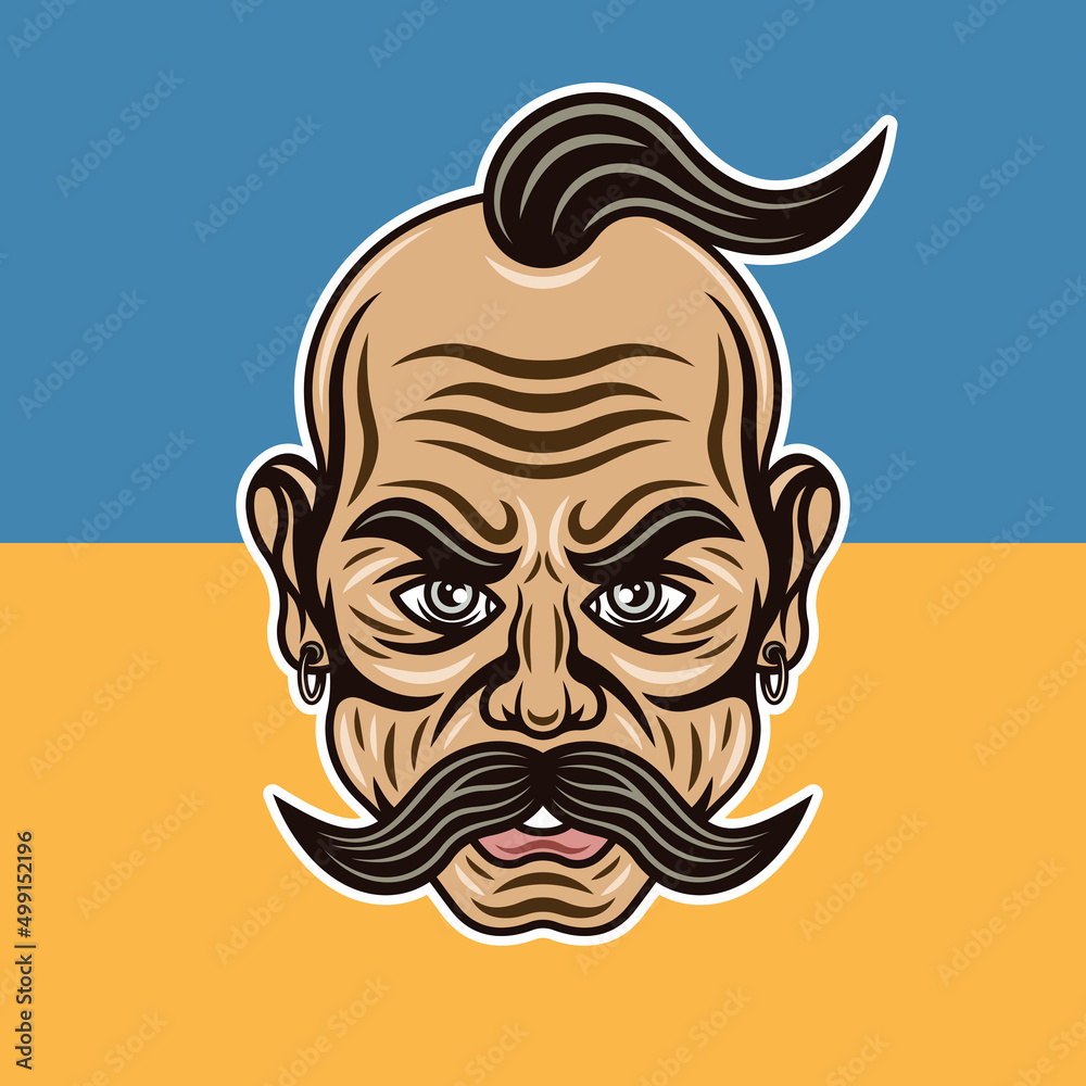 Cossack with mustache vector illustration in colorful cartoon style on yellow blue ukrainian flag background