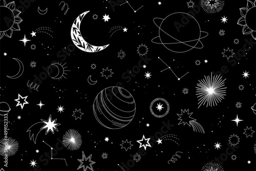 Modern hand drawn vector seamless pattern - cosmos and planets, stars, sun, comets. Universe line drawings. Solar system background. Trendy space signs with magic motifs, constellation, moon phases