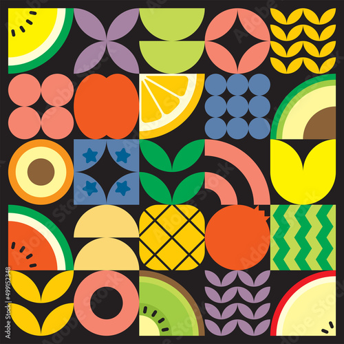 Geometric summer fresh fruit cut artwork poster with colorful simple shapes. Scandinavian styled flat abstract vector pattern design. Minimalist illustration of fruits and leaves on black background.
