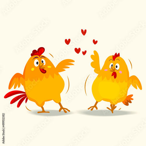 Chicken,Rooster and hen falling in love. Cartoon animal farm poultry character vector illustration.