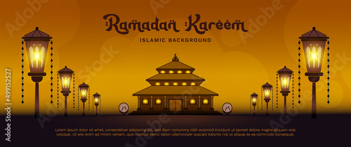 Flat Islamic background vector design with mosque and lantern lamp for ramadan kareem