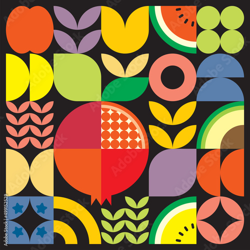 Geometric summer fresh fruit artwork poster with colorful simple shapes. Scandinavian styled flat abstract vector pattern design. Minimalist illustration of a red pomegranate on a black background.
