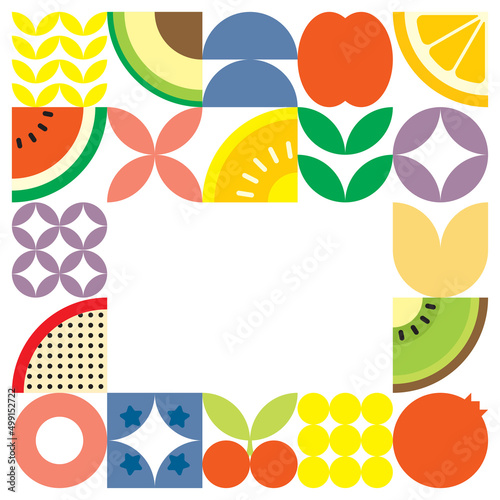Geometric summer fresh fruit cut artwork poster with colorful simple shapes. Scandinavian styled flat abstract vector pattern design. Minimalist illustration of fruits and leaves on white background.