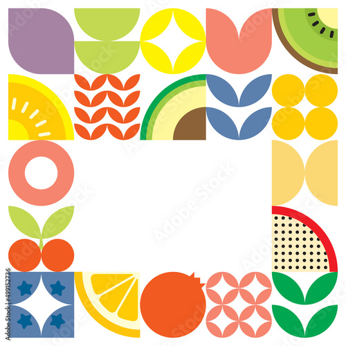 Geometric summer fresh fruit cut artwork poster with colorful simple shapes. Scandinavian styled flat abstract vector pattern design. Minimalist illustration of fruits and leaves on white background.