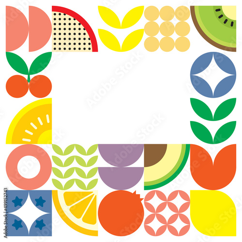 Geometric summer fresh fruit cut artwork poster with colorful simple shapes. Scandinavian styled flat abstract vector pattern design. Minimalist illustration of fruits and leaves on white background.