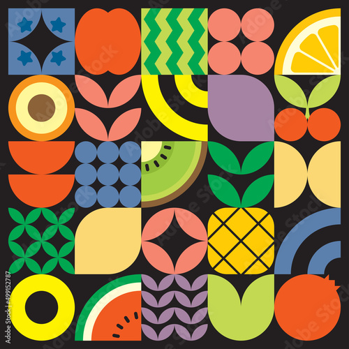 Geometric summer fresh fruit cut artwork poster with colorful simple shapes. Scandinavian styled flat abstract vector pattern design. Minimalist illustration of fruits and leaves on black background.