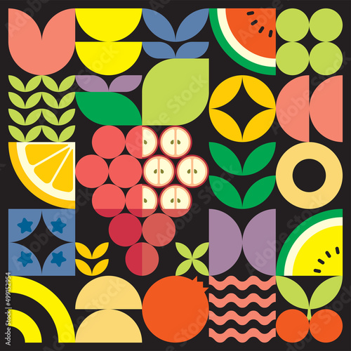 Geometric summer fresh fruit cut artwork poster with colorful simple shapes. Scandinavian style flat abstract vector pattern design. Minimalist illustration of a red grapes on a black background.