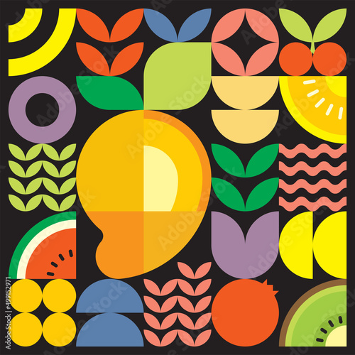 Geometric summer fresh fruit cut artwork poster with colorful simple shapes. Scandinavian style flat abstract vector pattern design. Minimalist illustration of a ripe mango on a black background.