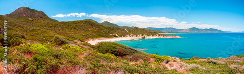 Sardegna, vista panoramica della spiaggia di Portu s'Ilixi, vicino a Muravera, in Italia, Europa