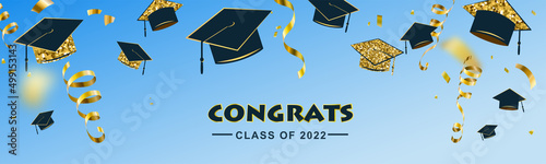 Graduations background congratulations graduates 2022 class of, congrats text sign for the graduation party. Typography greeting with diplomas, hat, lettering, gold confetti and serpentine on sky