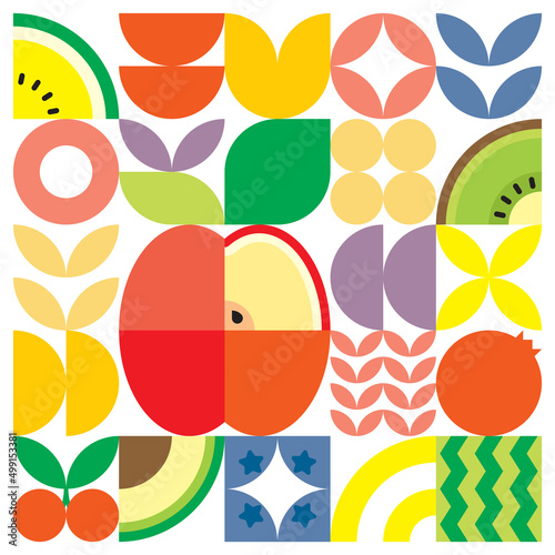 Geometric summer fresh fruit cut artwork poster with colorful simple shapes. Scandinavian style flat abstract vector pattern design. Minimalist illustration of a red apple on a white background.