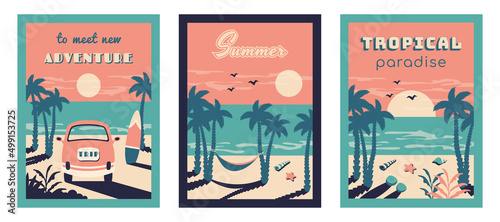Set of summer beach vintage card. Summer background. Tropical seascape with bus, silhouettes of palms, leaves, hammock, surfboard, starfish, seashells. Vector flat illustration for travel, holidays