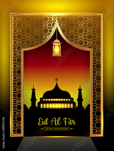 Eid mubarak islamic design mosque door and golden lantern on shiny background