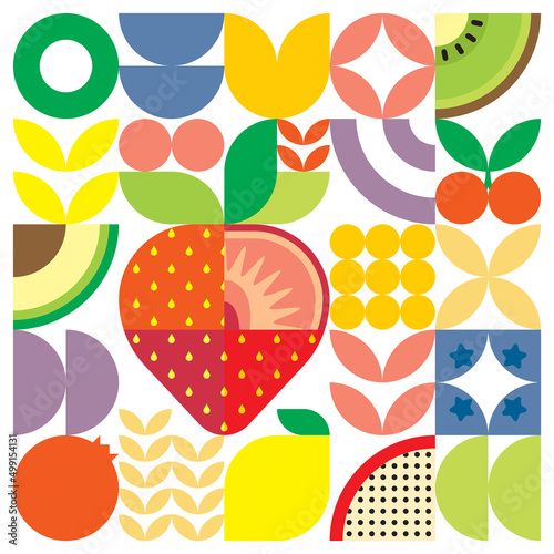 Geometric summer fresh fruit cut artwork poster with colorful simple shapes. Scandinavian style flat abstract vector pattern design. Minimalist illustration of a red strawberry on a white background.