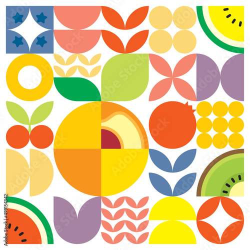 Geometric summer fresh fruit cut artwork poster with colorful simple shapes. Scandinavian style flat abstract vector pattern design. Minimalist illustration of a apricot on a white background.